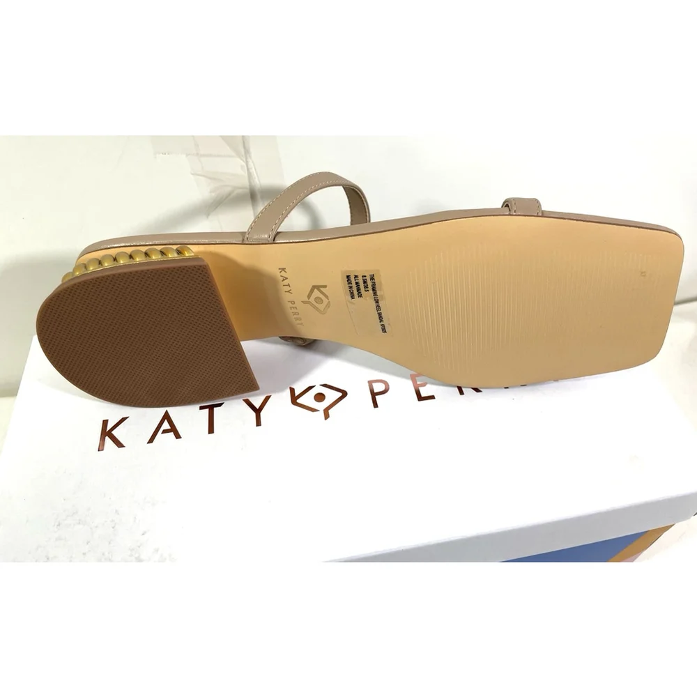 NIB Katy Perry Framing Taupe Slip On Sandal Square Toe Low Gold Heel Size 8.5M - Picture 5 of 6